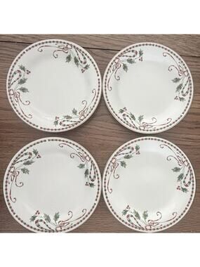Lot Of 4 Home Essentials GIBSON Tartan Ribbon 7" Dessert PLATES Christmas